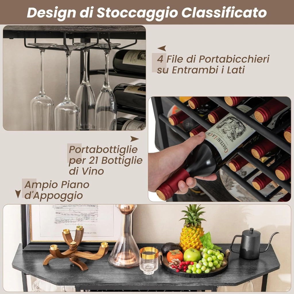 Mobiletto Portabottiglie da Vino a 3 Livelli, con Ripiani di Stoccaggio, Porta Bicchieri, Porta Bottiglie, Prolunghe Elettriche, per Soggiorno Cucina, Bar, 120 x 40 x 92 cm (Grigio Scuro)
