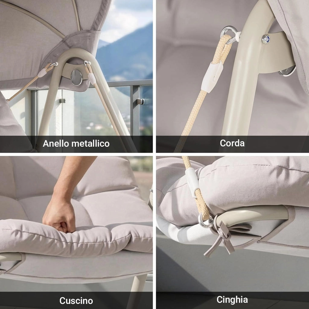 Dondolo da Giardino Poltrona Relax con Parasole Regolabile Amaca da Giardino Sedia a Dondolo per Esterni e Interni Poltrona Sospesa Beige 108x126x163 cm OGS62-MI