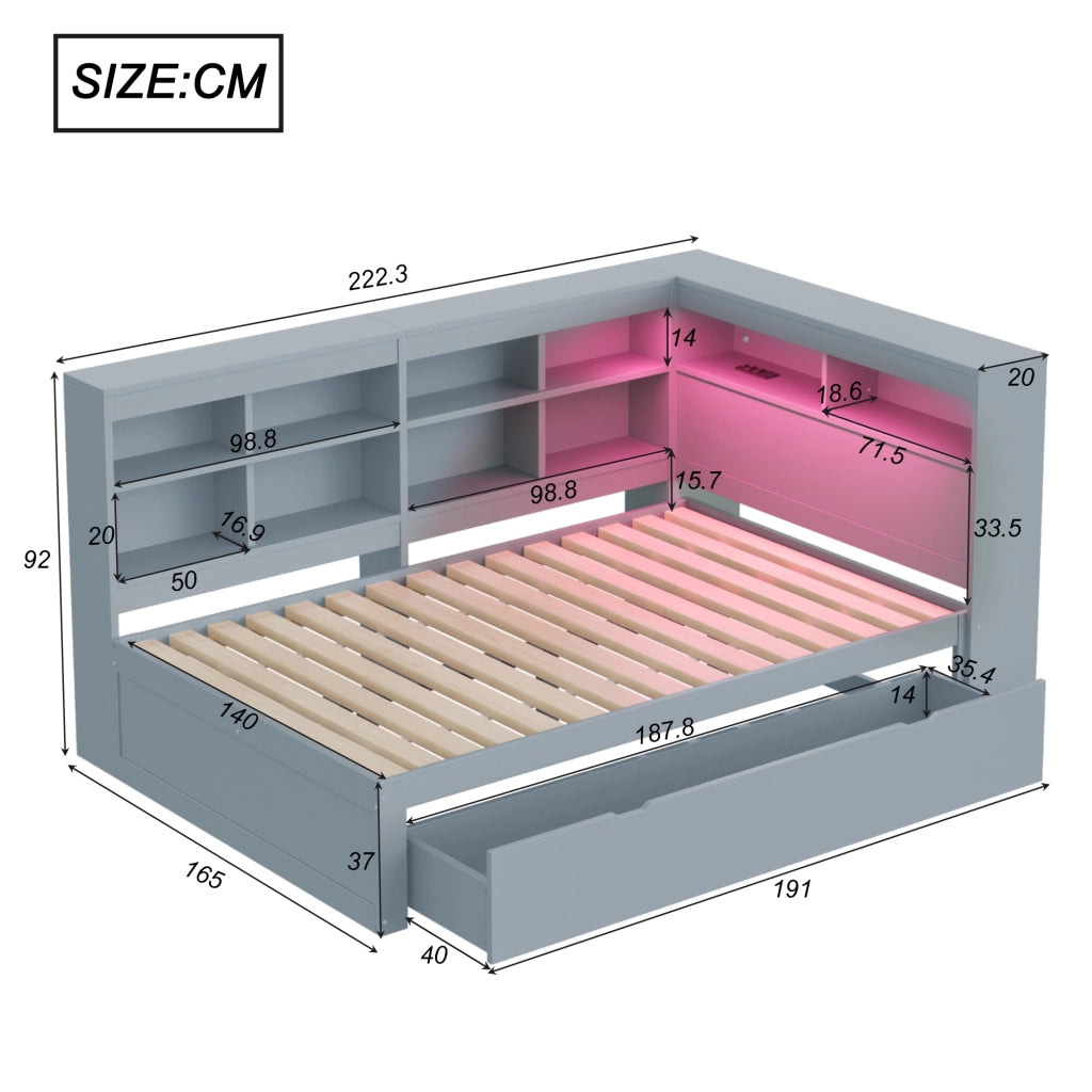 OKWISH Letto Divano 140×200 cm, Letto Matrimoniale con 2 Cassetti Grandi, USB, LED Regolabile e Mensole, senza Materasso, Legno, Grigio