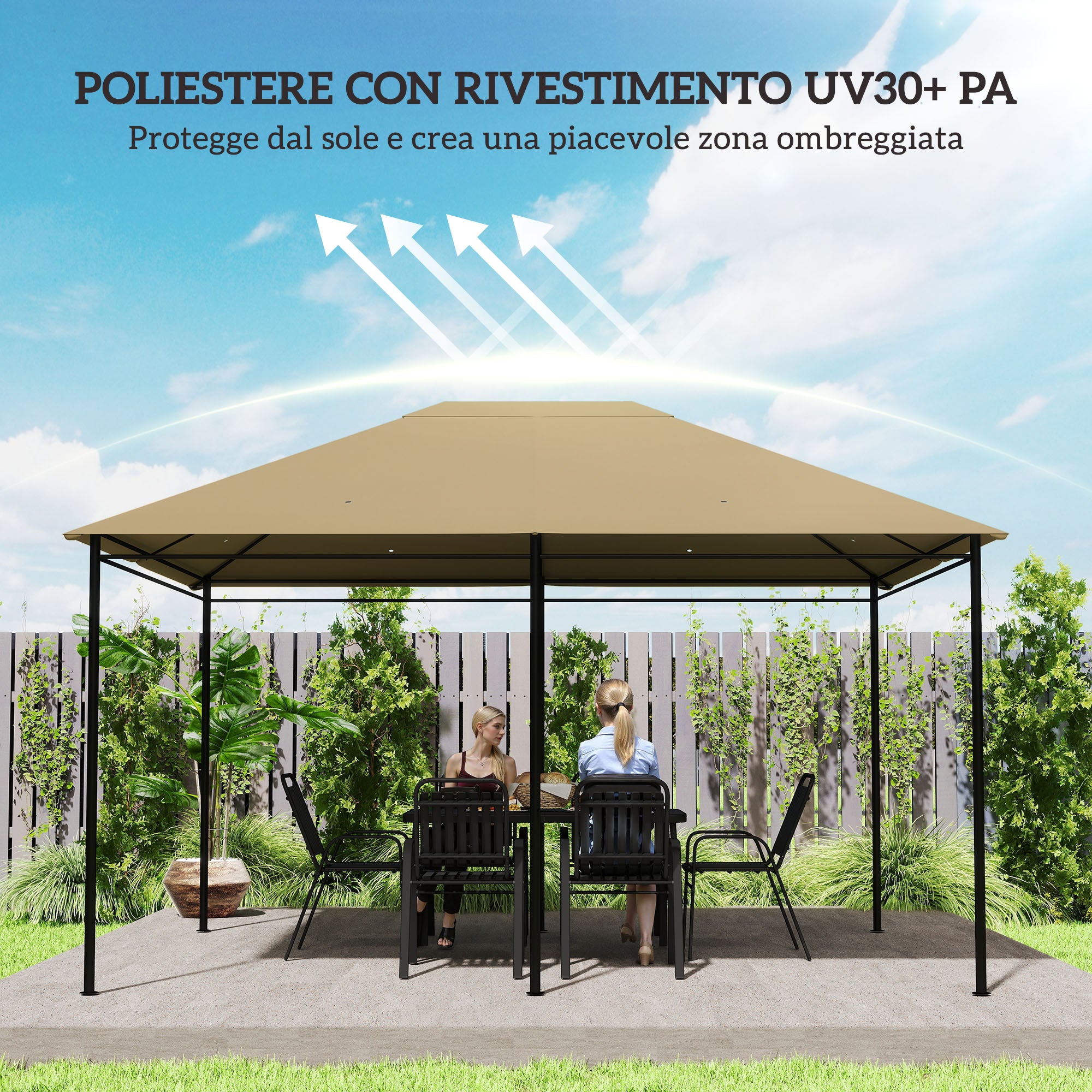 Tetto di Ricambio 4x3 m per Gazebo Anti UV con Presa d'Aria in Poliestere Cachi