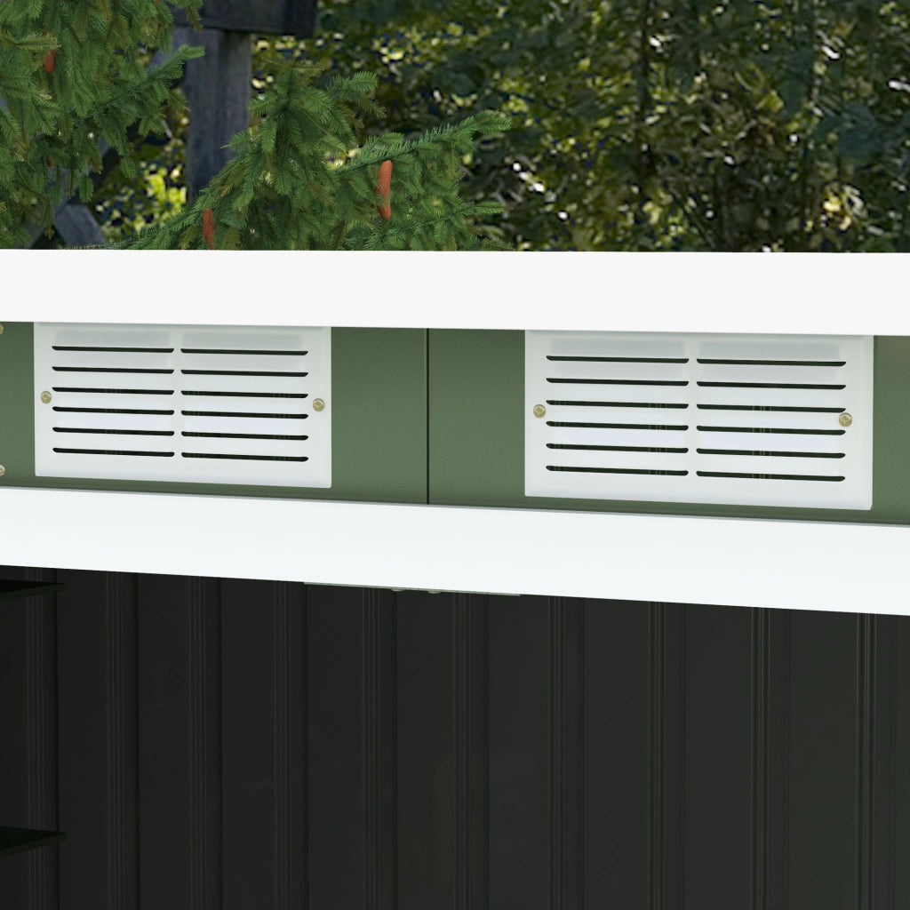 Casetta da giardino in acciaio zincato con tetto inclinato e griglie di ventilazione, verde chiaro, 3,2 m²