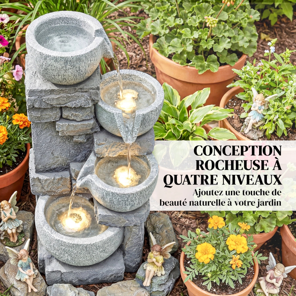 Fontana da Giardino a Cascata 4 Livelli Effetto Pietra e Mattone con Luce LED ¨C Minimal ¨C 28x25x54.5 cm Grigio
