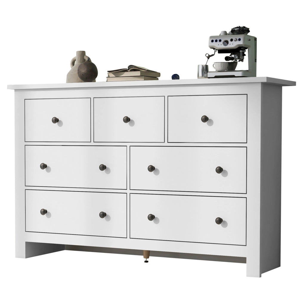 Credenza 152x40x88.5 cm con 7 cassetti e guide scorrevoli; in truciolare bianco