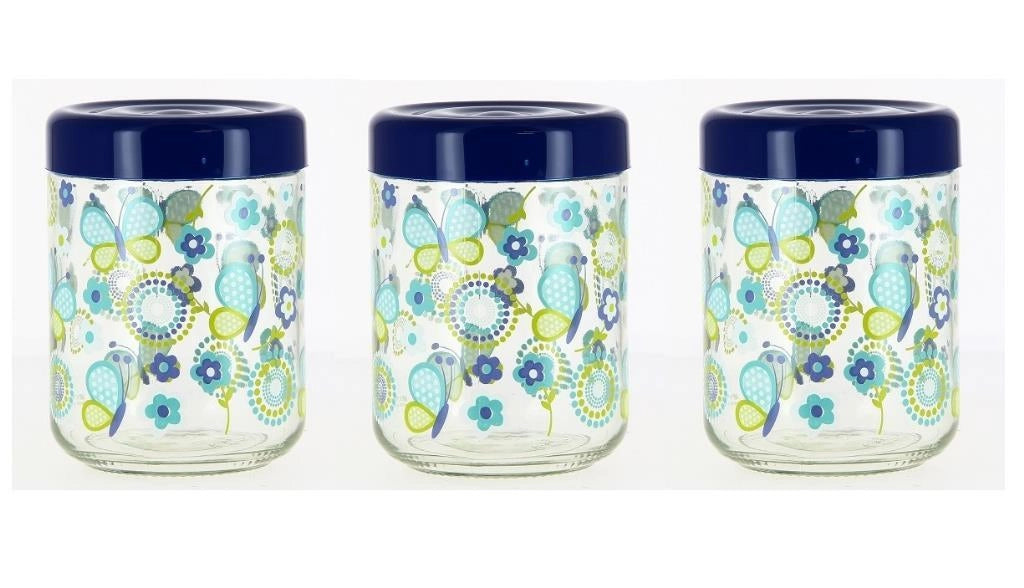 Set 3 Tris Barattoli Zucchero Sale Caffè in vetro decoro vanessa blu cerve