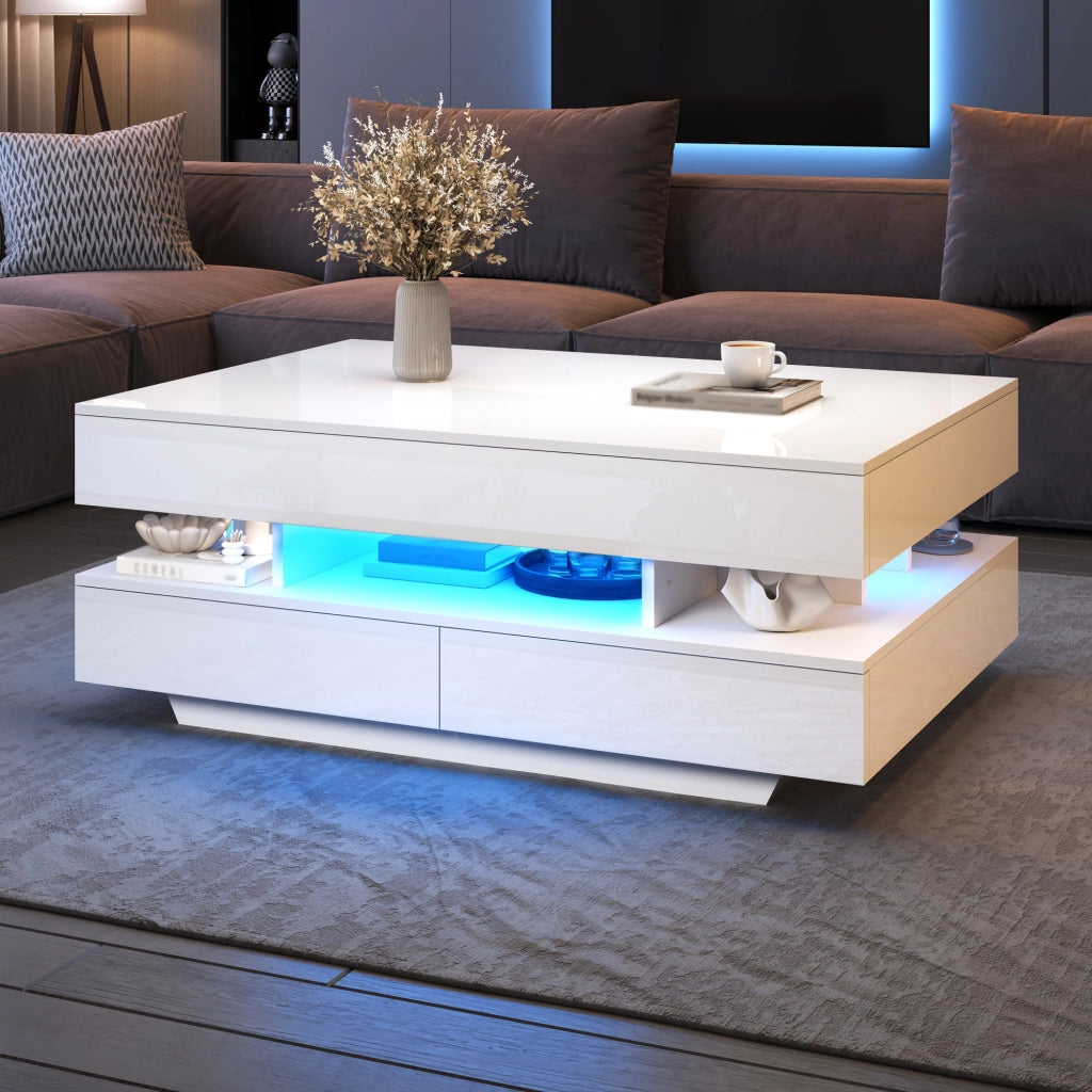 Tavolino da Salotto Sollevabile con LED e Vano Contenitore ¨C MINIMAL ¨C Lucido 100x50x45cm
