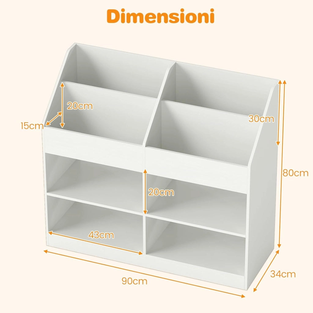 Libreria Montessoriana Porta Libri per Bambini, Scaffale Multifunzione con 4 Cubi e 4 Scomparti, Anti-ribaltamento, Salvaspazio per Cameretta e Stanza dei Giochi, 90x34x80 cm (Bianco)