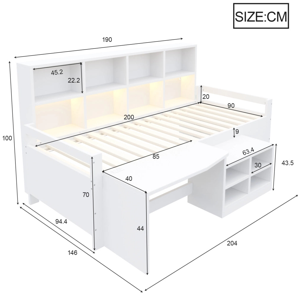 Letto a soppalco 90x200 cm con scrivania; vani portaoggetti e LED in legno bianco