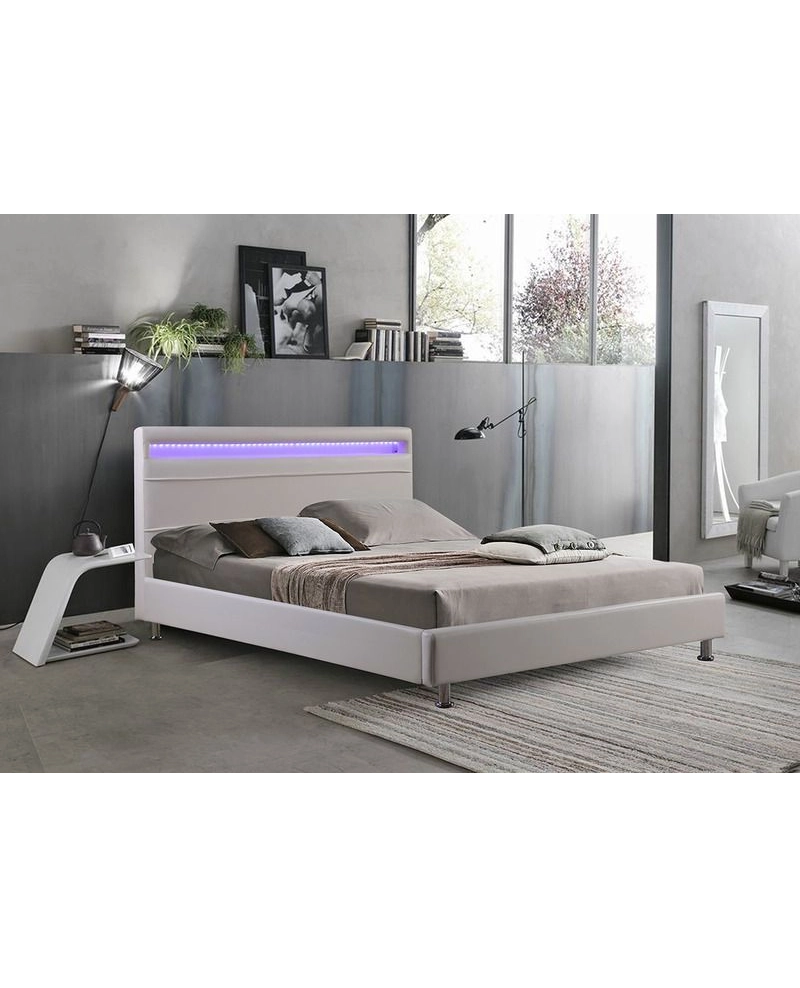 Letto Matrimoniale Moderno Ecopelle Bianco, Led 220x174cm