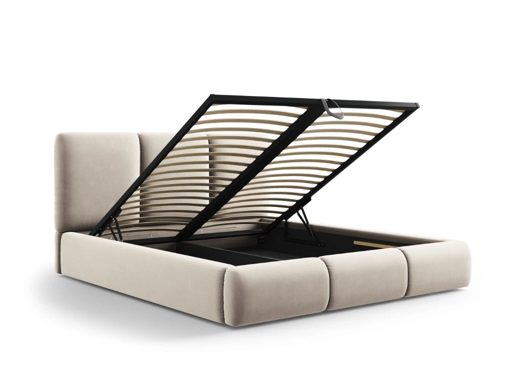 Cosmopolitan Design - Letto a cassettone con testiera "Nicolas" 200x200cm in velluto beige chiaro 