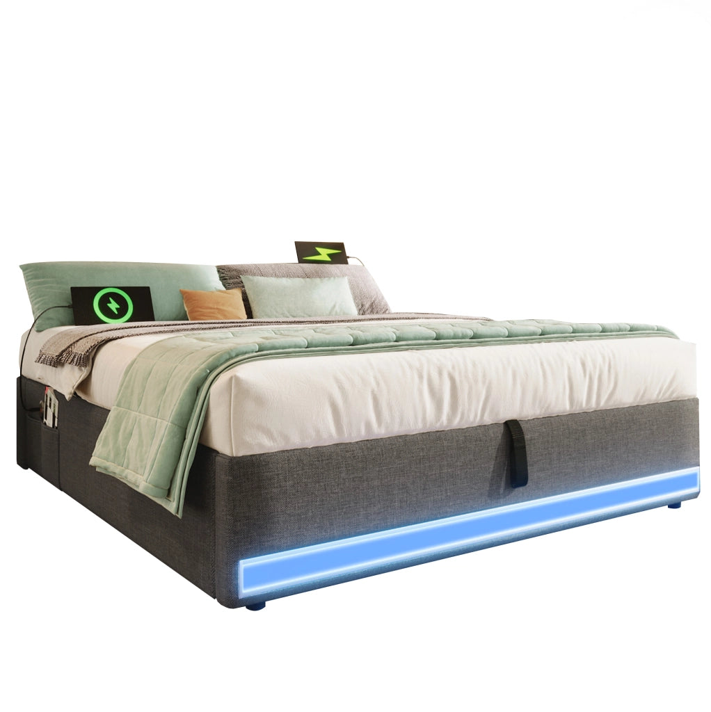 Letto matrimoniale imbottito 140x200 cm in lino grigio con LED; USB e contenitore idraulico