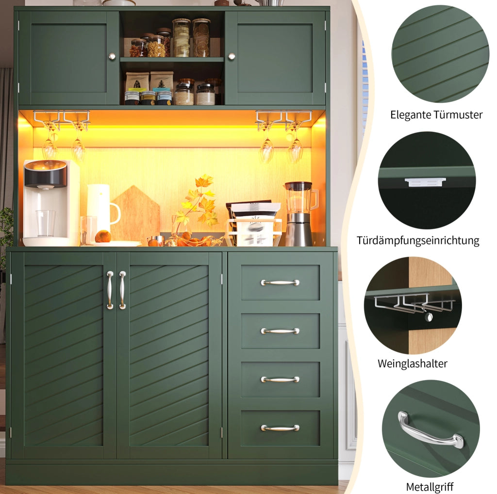 Credenza verde con LED, portabottiglie e 4 ante, 120x40x188 cm