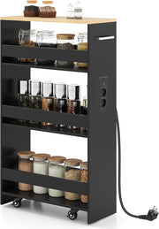 Scaffale per Nicchia da 20 cm di Larghezza, con Base di Ricarica, 4 Piani in Legno su Ruote, Scaffale Sottile per Cucina e Bagno, Carrello a Rotelle (Naturale+Nero, Largo 20cm, con presa)
