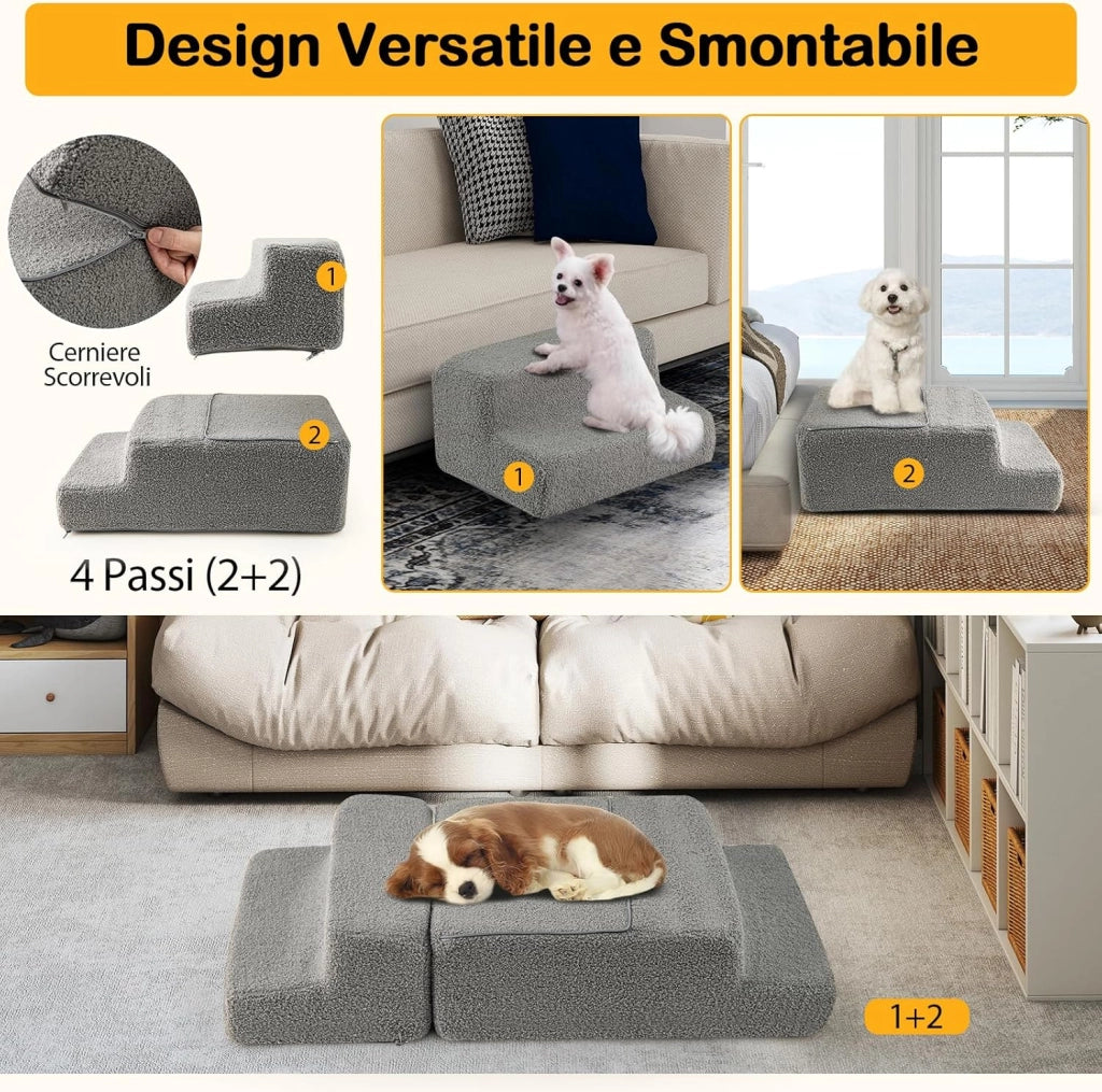 Scalette in Schiuma a 4 Gradini, Rampa per Cani Pieghevole con Fondo Antiscivolo e Copertura Rimovibile e Lavabile per Letto Alto Divano, Scala per Cani e Gatti, 60 x 40 x 40 cm