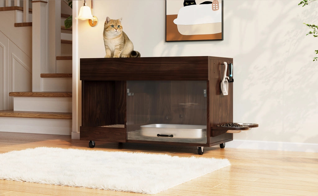 MOBILE LETTIERA GATTO 100 x 45,5 x 67 cm Noce con 2 ciotole