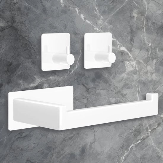 Supporto per Cartucce da Bagno in Acciaio Inossidabile, 1 Supporto e 2 Ganci Autoadesivi, Supporto per Cartucce Autoadesivo per Cucina e Bagno - Bianco