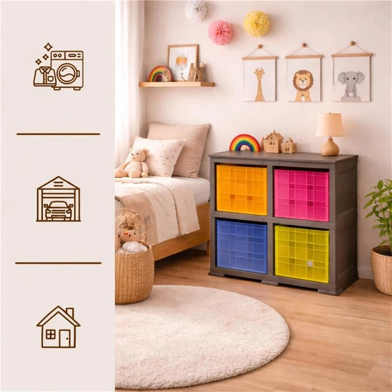 SCAFFALE 2 MODULI WENGÉ 79X41X85,5 CM CON 4 CONTENITORI CUBO A SCORRIMENTO – LIBRERIA SALVASPAZIO ORGANIZZAZIONE CASA