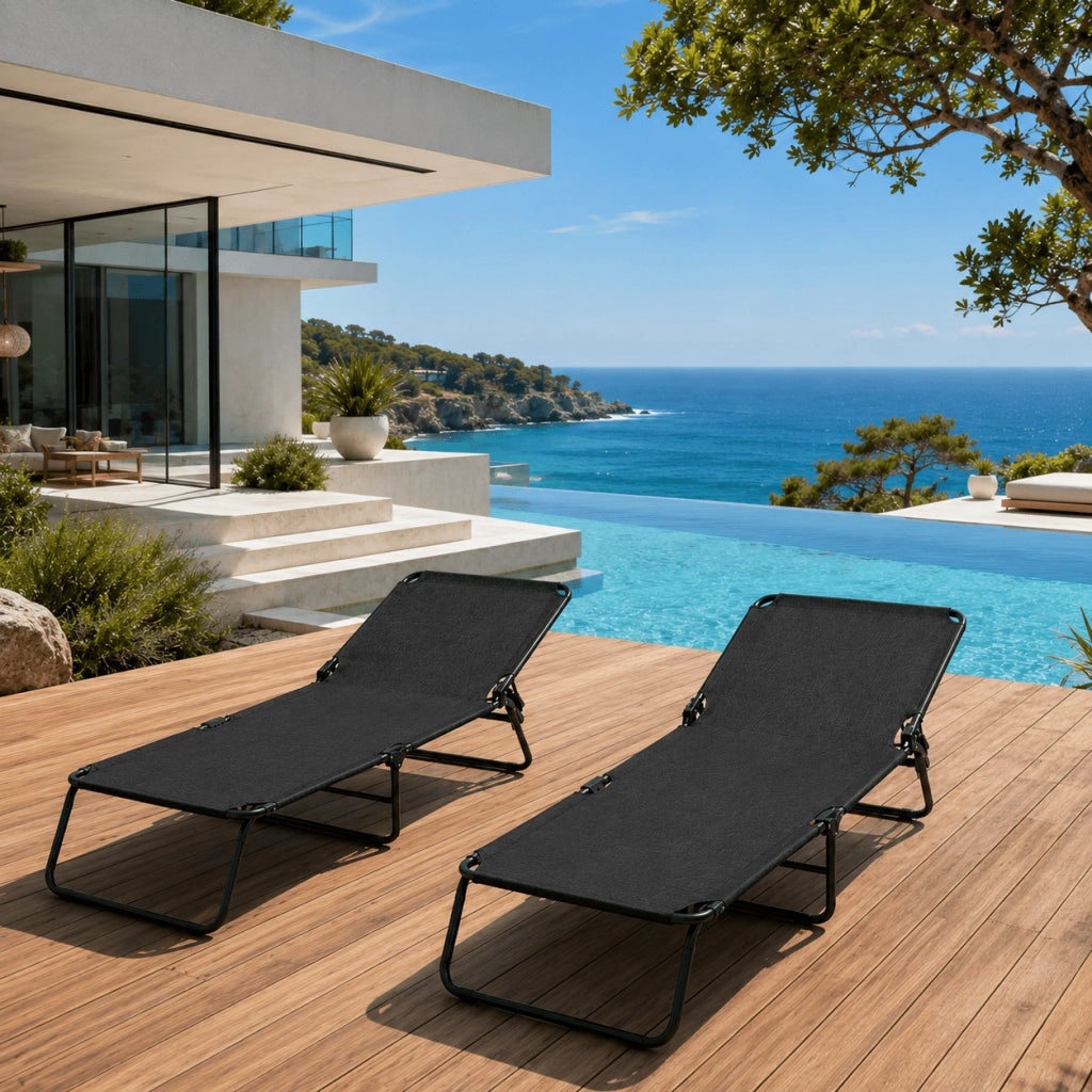 Set 2 Sdraio Mare Pieghevoli Senza Tettuccio Leggere E Portatili Schienale Regolabile Telaio In Acciaio Con Telo Traspirante Ideali Per Spiaggia Campeggio Giardino 24 x 187 x 53 Cm Nero