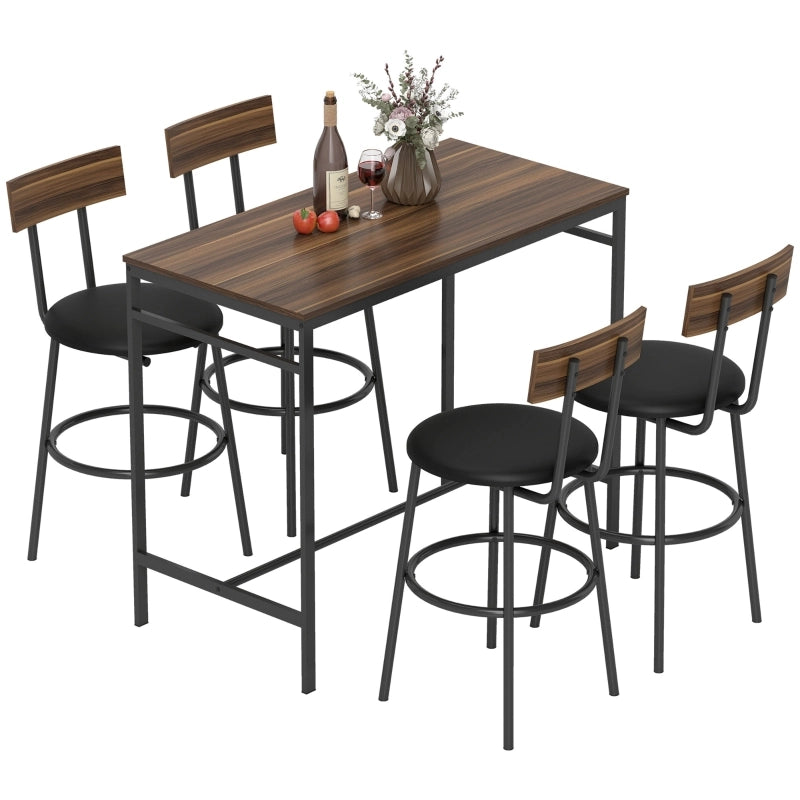 Set tavolo bar 5 pezzi con 4 sgabelli, design industriale, effetto legno marrone, struttura in acciaio