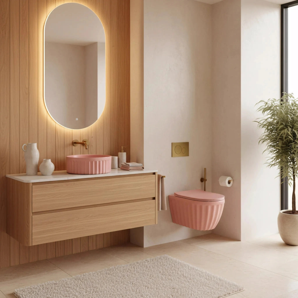 Set: Wc Sospeso + Lavabo Da Appoggio Rea Duo Sweet Pink Matt