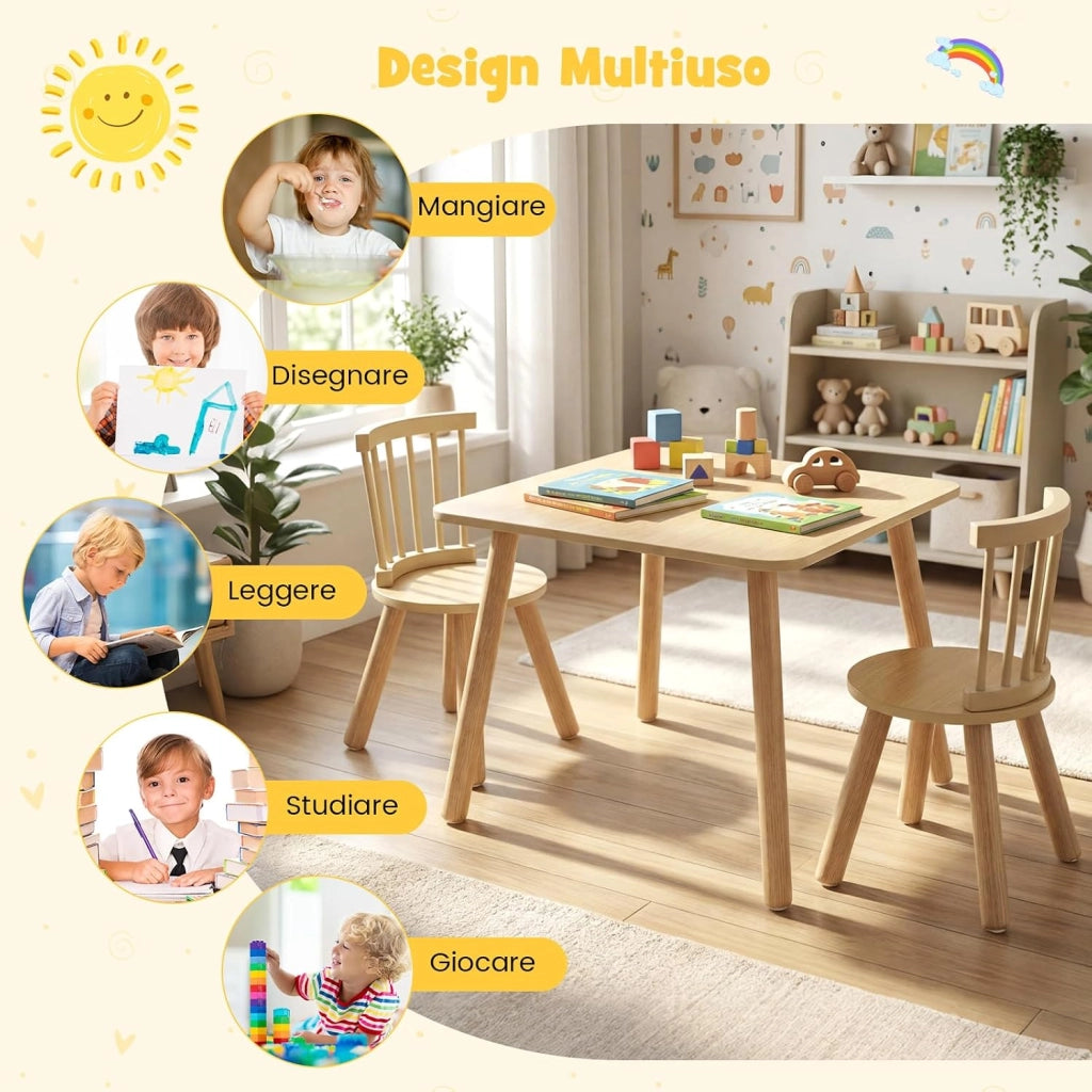 Set Tavolo e 2 Sedie per Bambini, Tavolo Attività con Schienali a Spindola Curvi, Sedute Rotonde e Gambe in Legno Massello, Tavolino per Bambini 3+ Anni per Disegno, Gioco e Studio (Naturale)