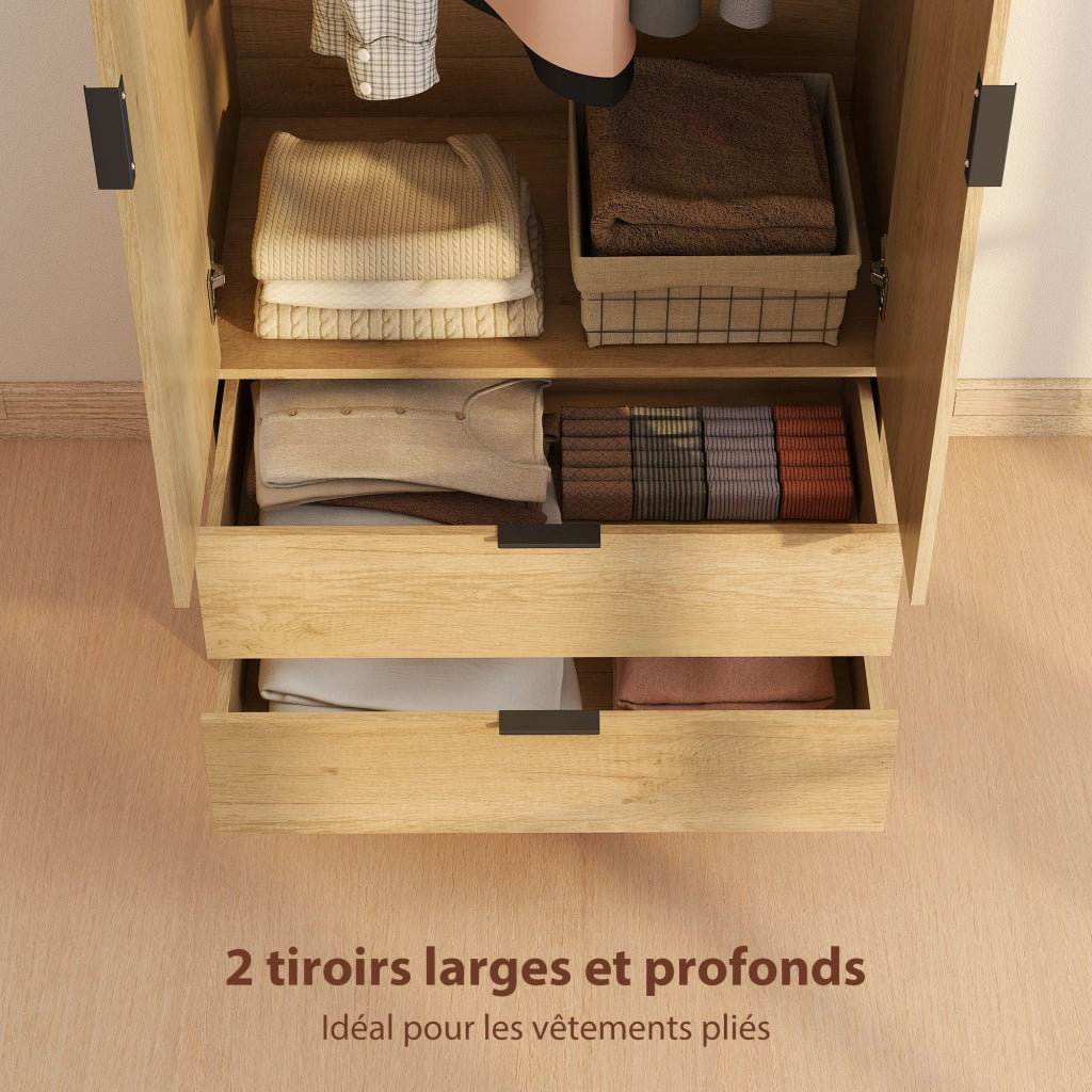 Armadio Camera da Letto con 2 Ante Scorrevoli 2 Cassetti Appendiabiti ¨C zephmum ¨C 80x50x180 Legno Naturale