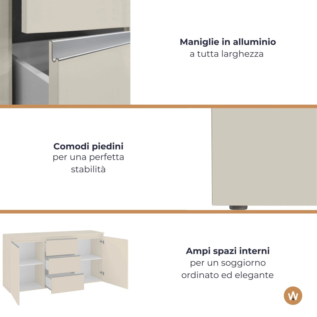 WHOUS Credenza Magic 2 ante e 3 cassetti centrali cashmere 180x40x80 cm