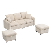 Divano letto modulare 3 posti - con contenitore e 2 pouf portaoggetti - in tessuto a coste beige