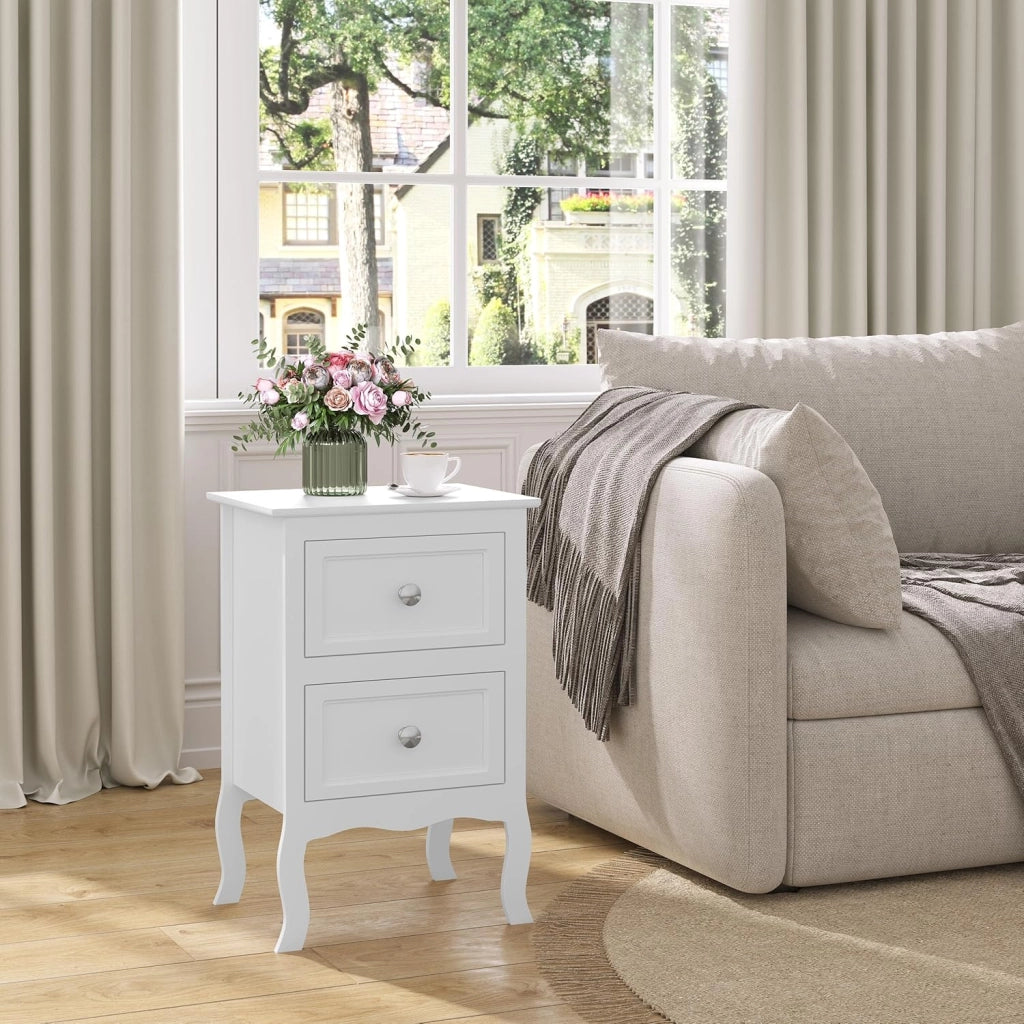 Set di 2 Comodini Shabby Chic Bianchi con 2 Cassetti per Camera da Letto Comodino da Notte in MDF 40x30x60cm TS119ws