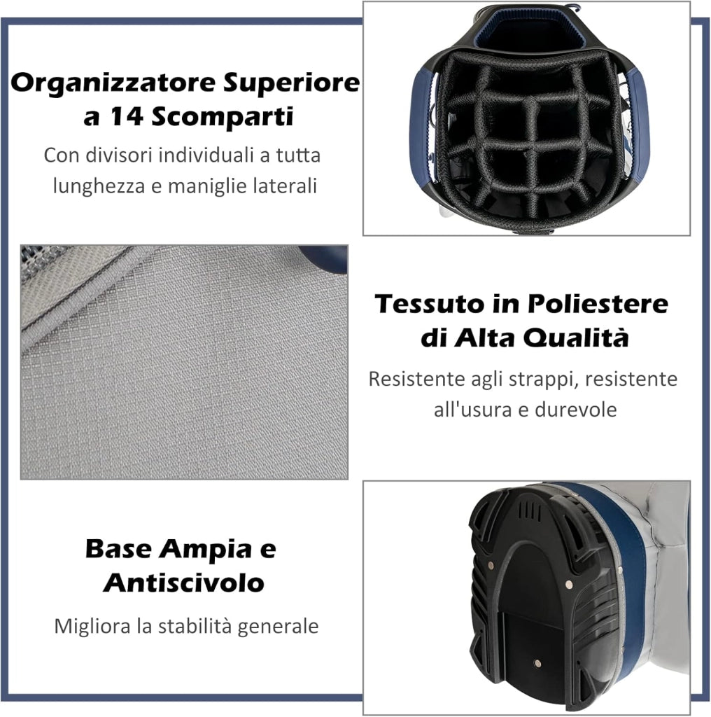 Borsa da Golf Portatile con 14 Divisori Superiori a Tutta Lunghezza, 7 Tasche con Cerniera, Cappuccio Antipioggia, Tracolla, Manico e Portaombrelli, Ideale per Uomini e Donne (blu e grigio)