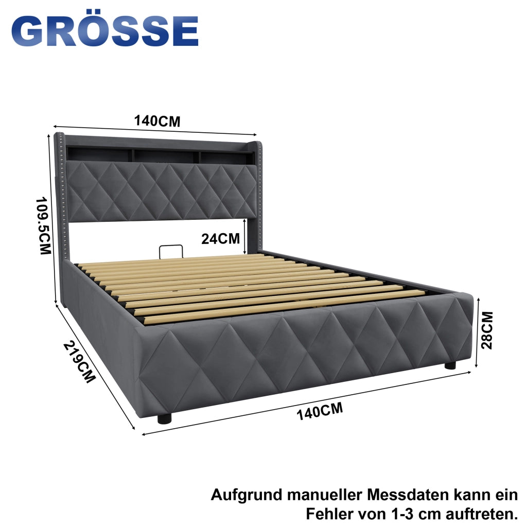 Letto matrimoniale imbottito contenitore grigio scuro 140x200 cm con LED e dock USB