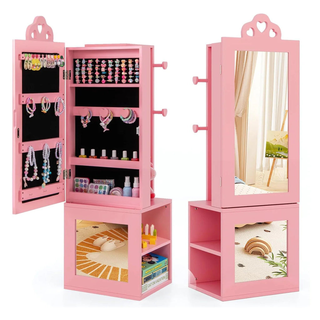 Mobiletto portagioie multifunzionale per bambini 34 x 30 x 117 cm con specchio a figura intera e pratico spazio di archiviazione stile moderno MDF rosa 20_0009912