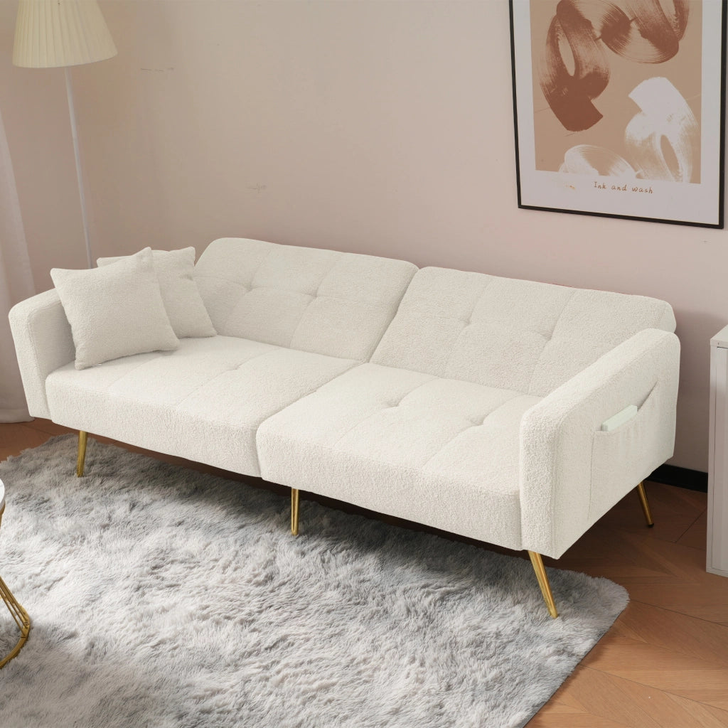 Divano letto convertibile con schienale regolabile, tessuto effetto sherpa, gambe dorate e tasche laterali