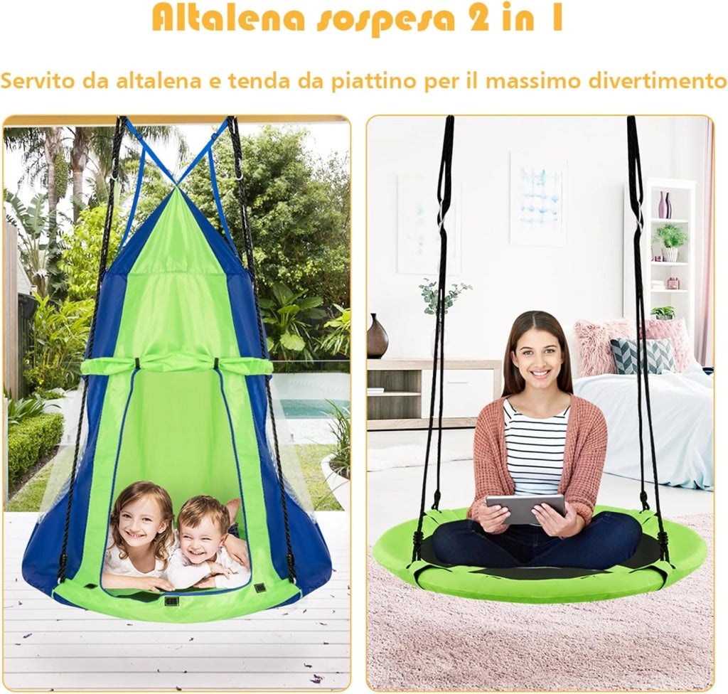 Tenda Altalena da Giardino, Altalena con Tenda da Gioco, 100 x 100 x 132 cm (Blu-Verde)