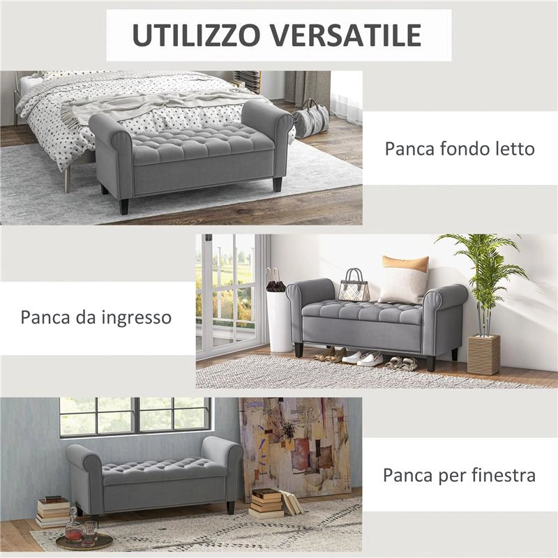 PANCA FONDO LETTO IN TESSUTO VELLUTATO CON SPAZIO PORTAOGGETTI E BRACCIOLI, 126X48.5X57 CM, GRIGIO