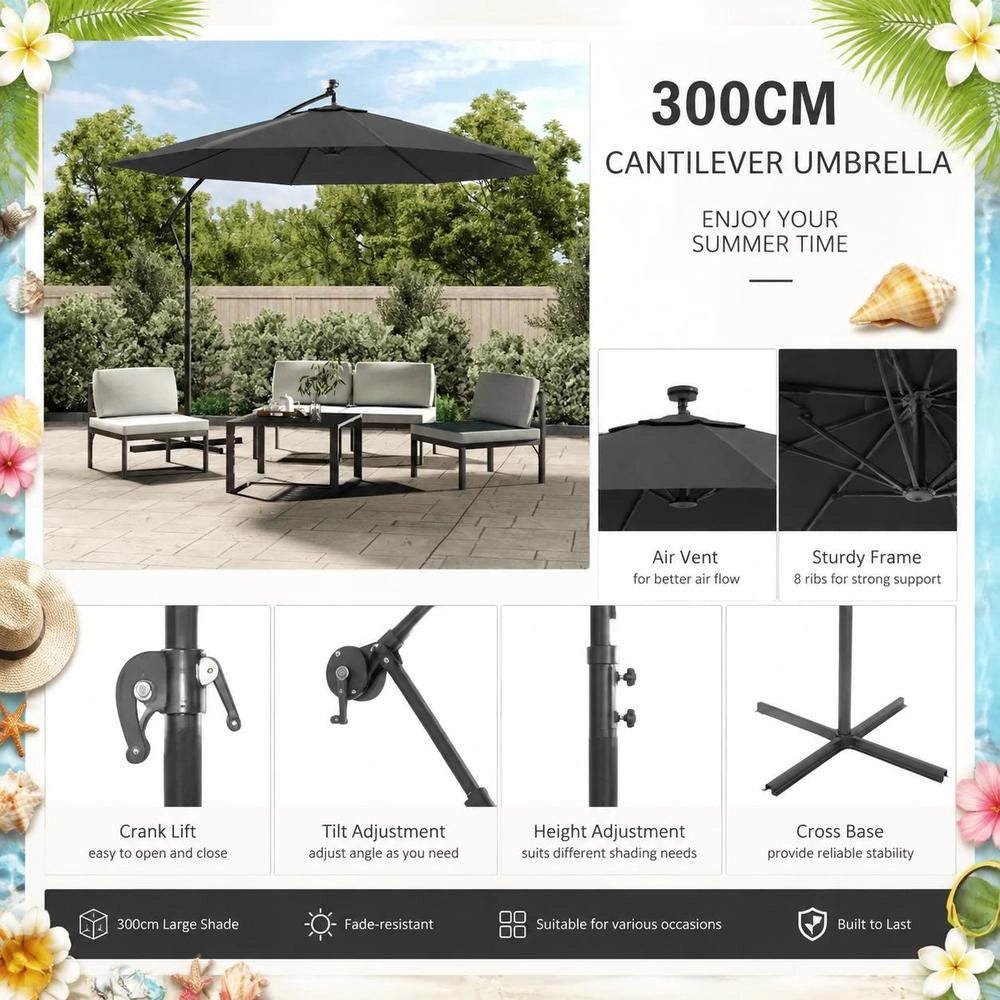 Parasol With LED Lighting And Steel Mast 300 Cm Anthracite