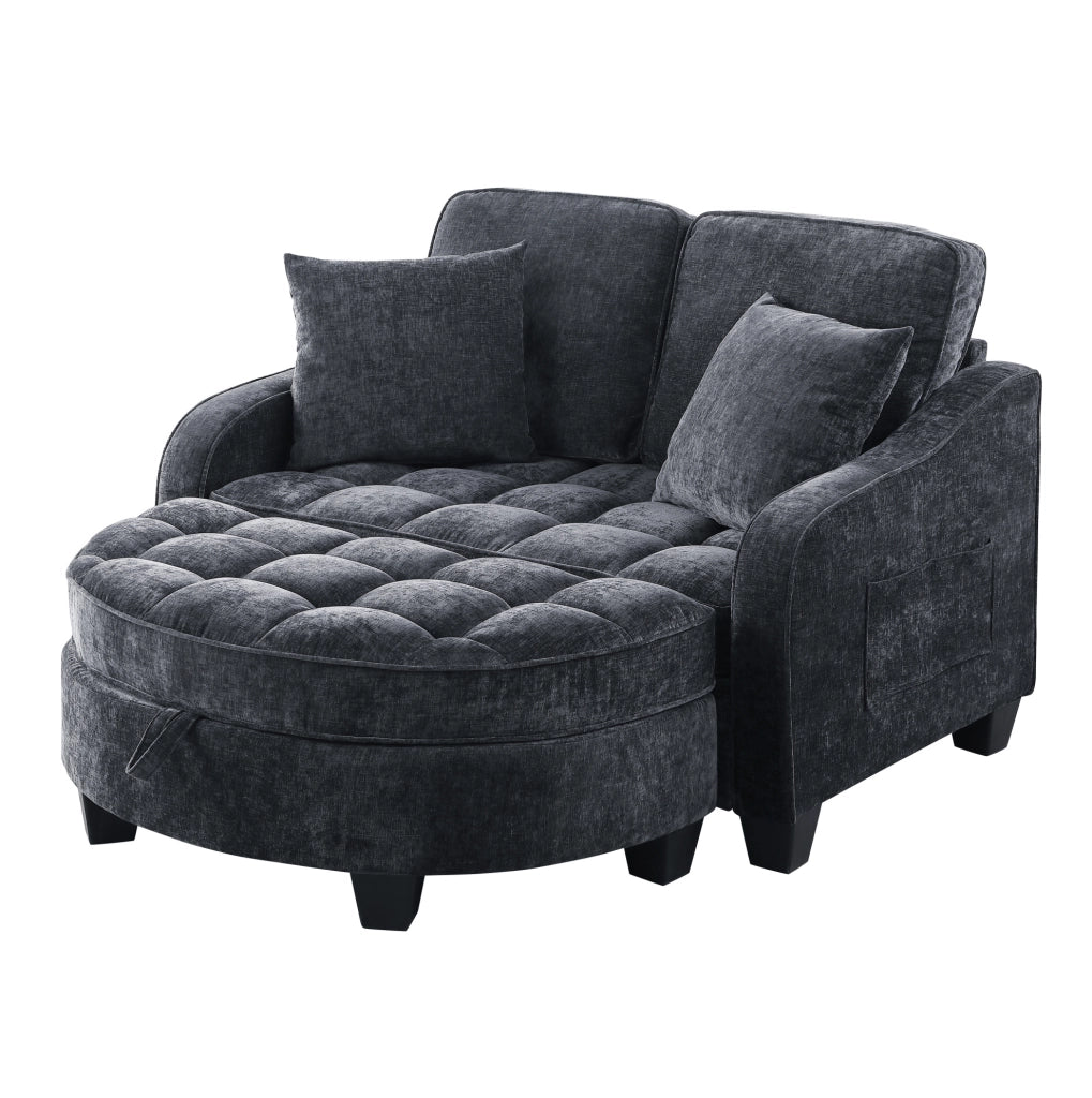 Divano letto 132x129x93 cm convertibile con pouf contenitore in legno di eucalipto nero