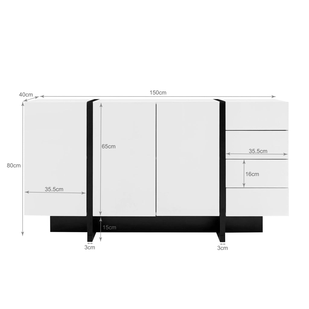 Credenza con 2 Ante e 4 Cassetti; Frontale Lucido; Stile Moderno; per Soggiorno; in MDF; 150??40??80;5 cm; Bianco Nero