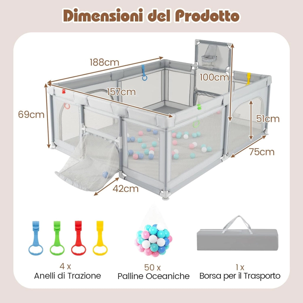 Box Bambini 190 x 160 cm, Recinto Pieghevole Bambini con Canestro da Basket, 2 Porte da Calcio, 50 Palline e 4 Anelli, Centro Attività con Borsa Trasporto per Neonati 0-3 Anni