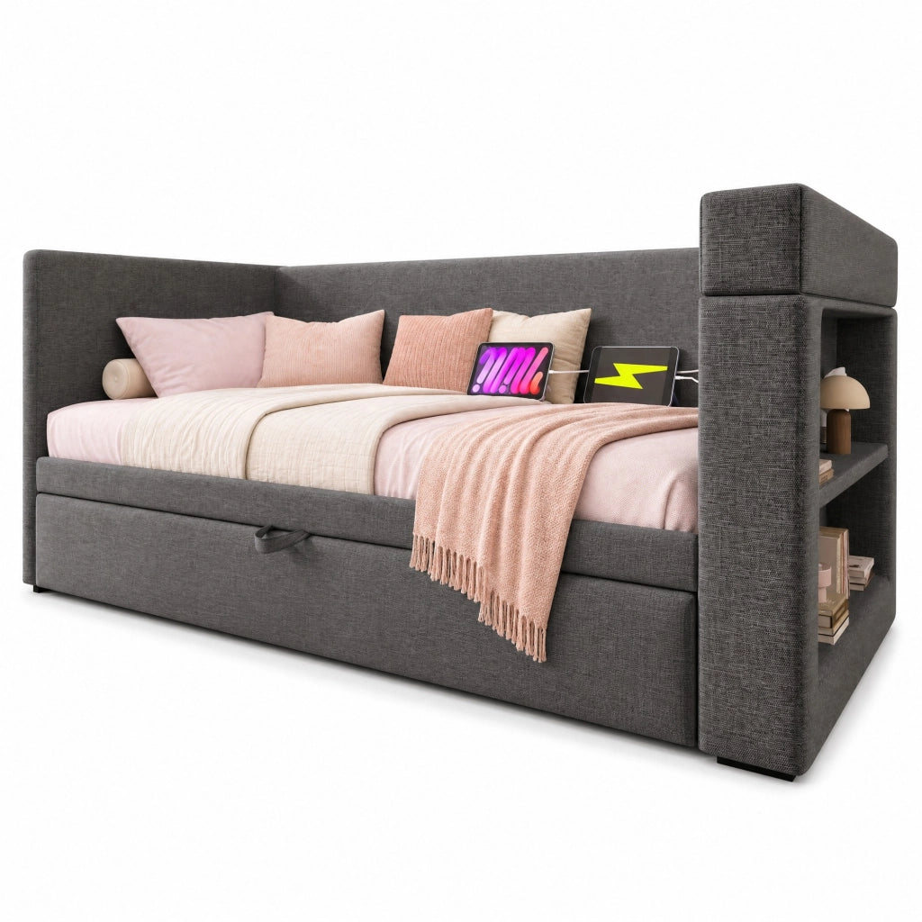 Letto giorno imbottito 90x190 cm con letto estraibile, porte USB e Type-C, grigio, senza materasso