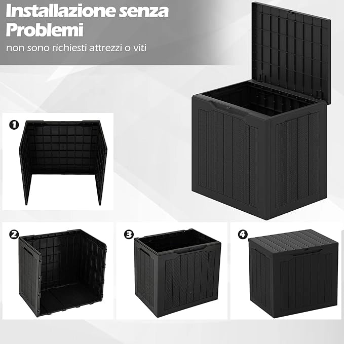 Baule da Esterno 96 L, Cassapanca Contenitore con Coperchio Bloccabile e Tessitura in Vimini, per Giardino e Cortile, 56 x 41 x 50,5 cm (Nero)