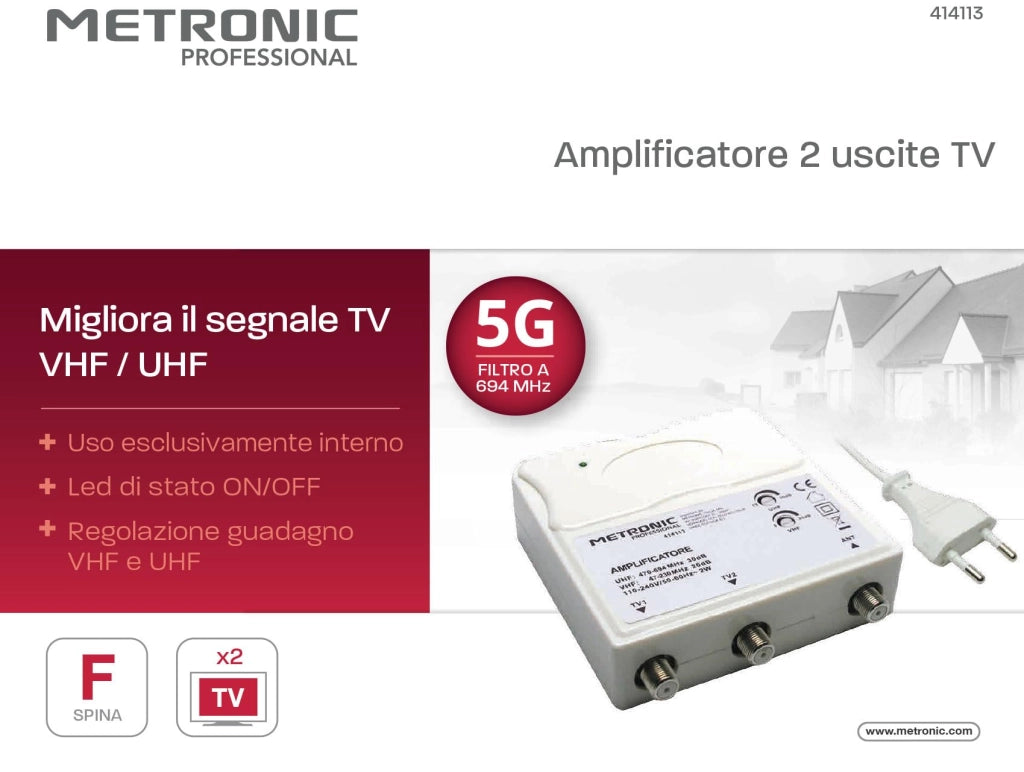 Amplificatore Interno 1 in 2 Out 1 Ingresso Uhf Vhf 2 Uscite Tv Metronic