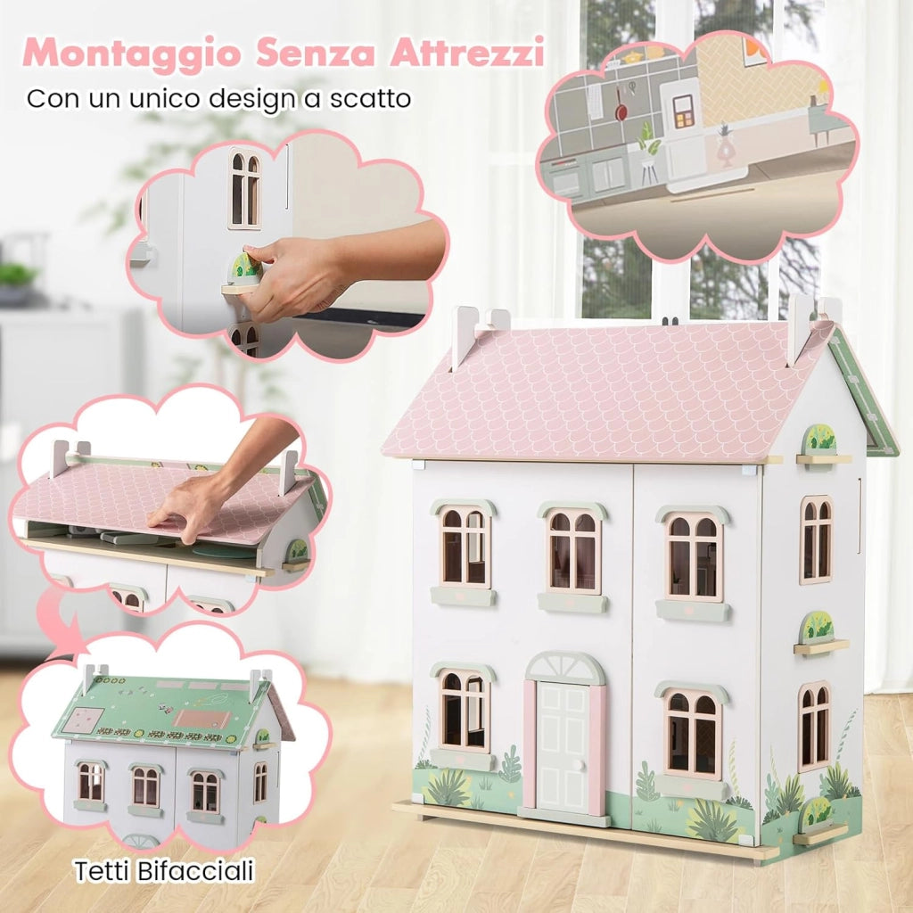 Casa delle Bambole in Legno, Casetta delle Bambole a 3 Piani con Tetti Rimovibili, Porte Apribili, Finestre Squisite 5 Stanze e 19 Accessori, Regalo per Bambini 3+ Anni
