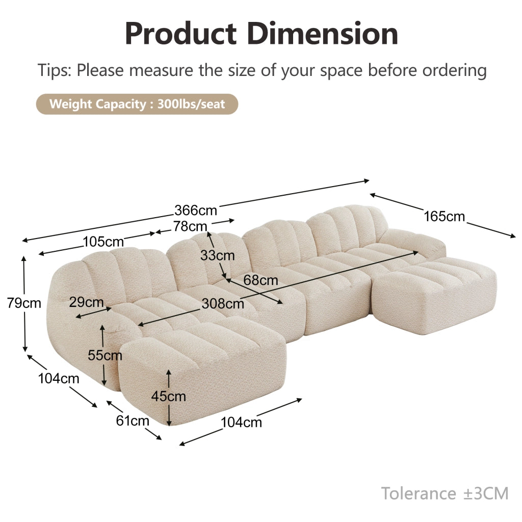 Divano angolare modulare 4 posti con ottomano in fleece granulato per soggiorno beige bianco 366 × 165 × 79 cm