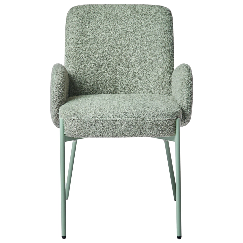 Sedia da sala da pranzo Rivestimento bouclé verde chiaro Base leggera Struttura in ferro Design retrò