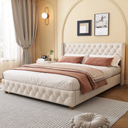 Letto matrimoniale imbottito 160x200 cm in lino beige con testiera capitonné e doghe