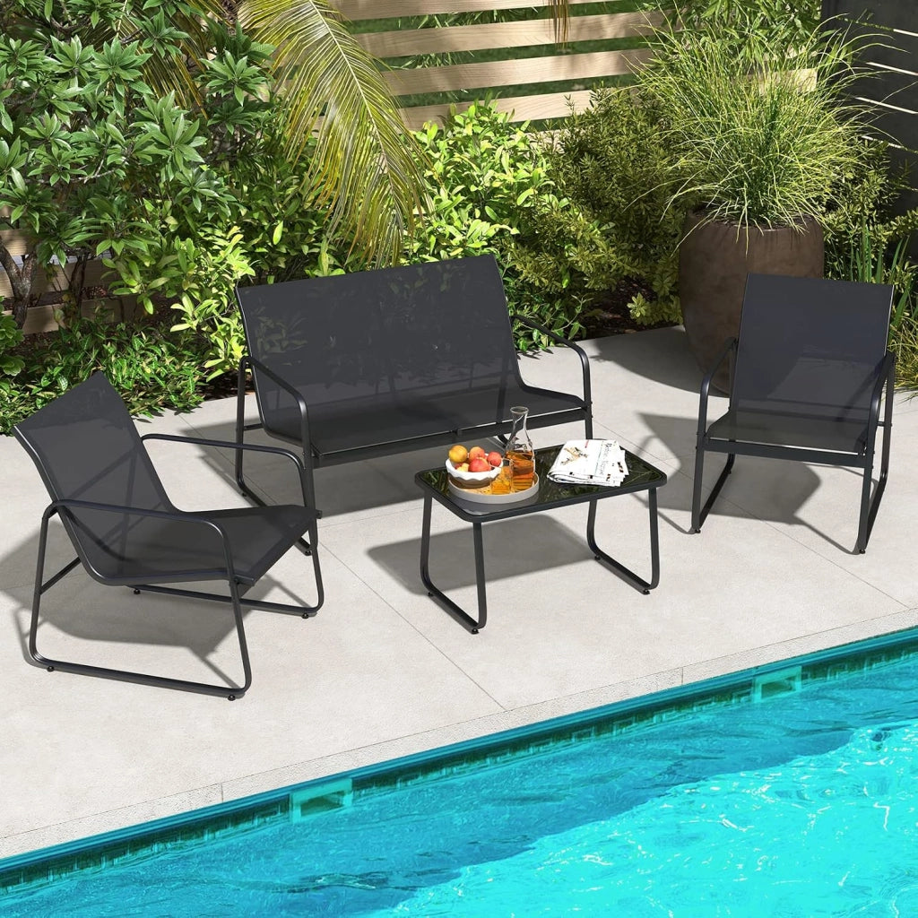 Set Tavolo e Sedie da Giardino 4 Pezzi, Tavolino in Vetro Portato 50 kg, Sedie Portata 150 kg, Panca Portata 300 kg, Set Bistro in Tessuto Textilene, per Cortile Terrazza Piscina (Nero)