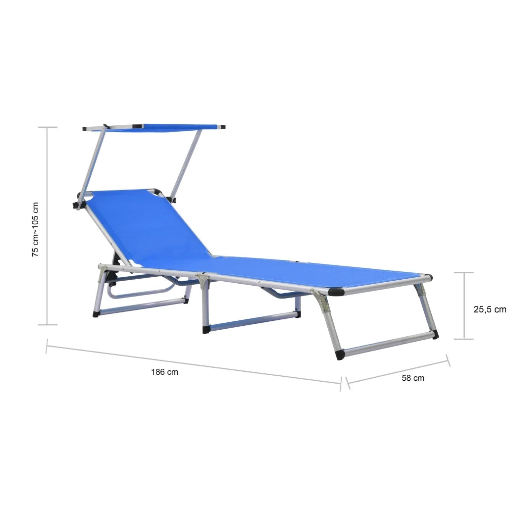 Lettino Prendisole | Sdraio da giardino | Lettino da sole Pieghevole Tettuccio Alluminio Textilene Blu