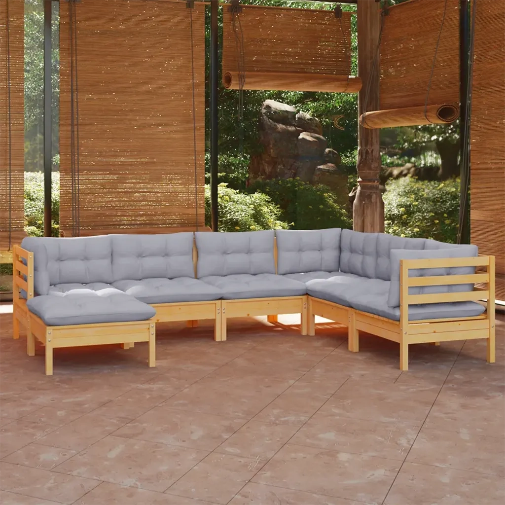 Set Divani da Giardino 7 pz con Cuscini Grigi Massello di Pino 3096561