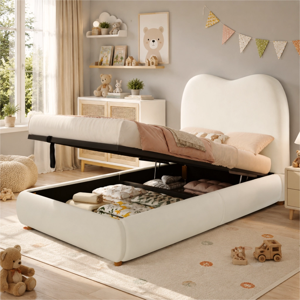 Letto contenitore per bambini 90x200 cm con sollevamento idraulico; ampia capacità; testiera imbottita; velluto beige