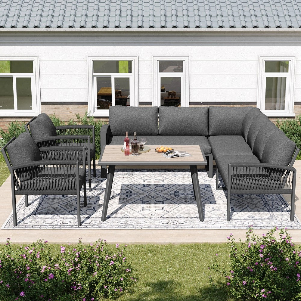 Set Lounge da Giardino 8 Posti con Tavolo ¨C Xylo ¨C Grigio, Corda, Piano Effetto Legno